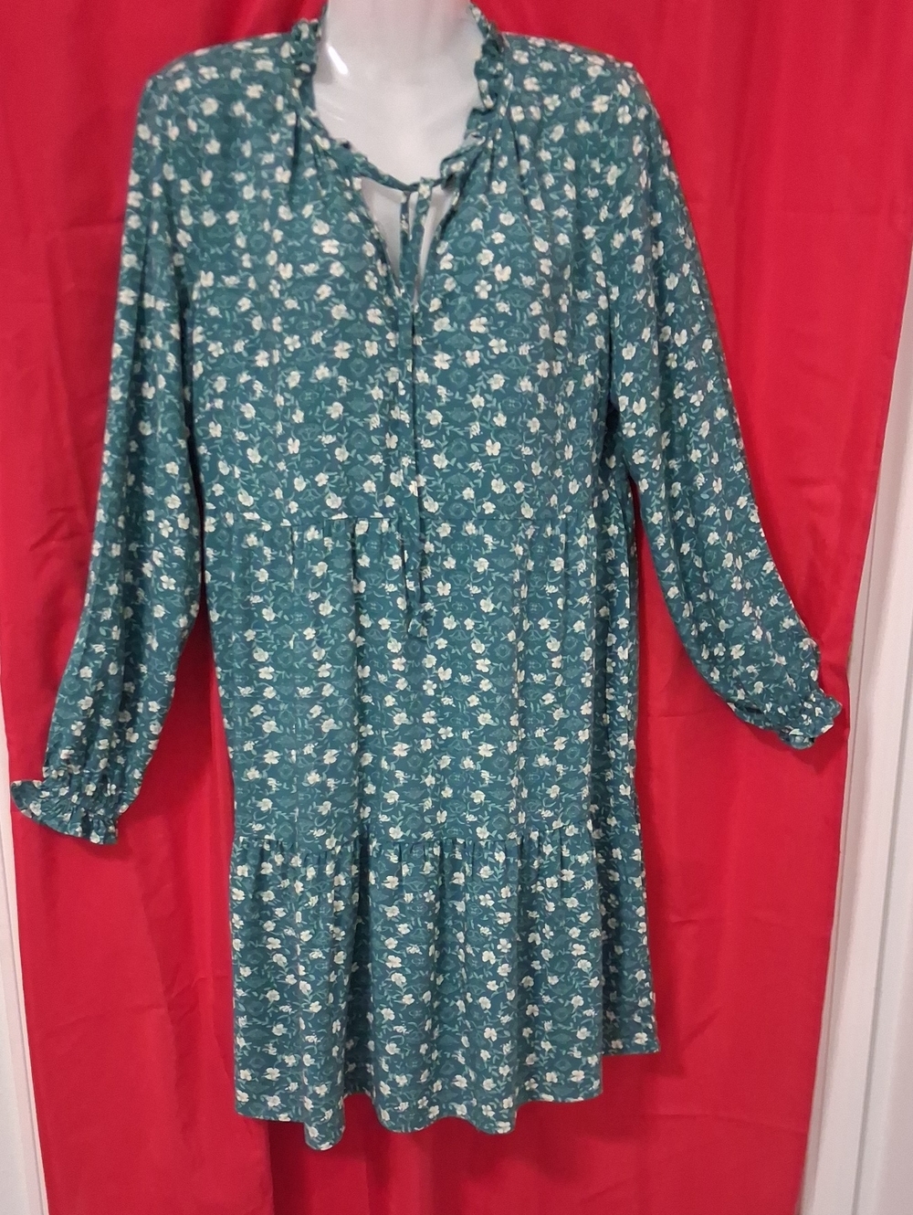 Lucky Brand Teal Floral Long-Sleeve Ruffle Hem Dress,Size M